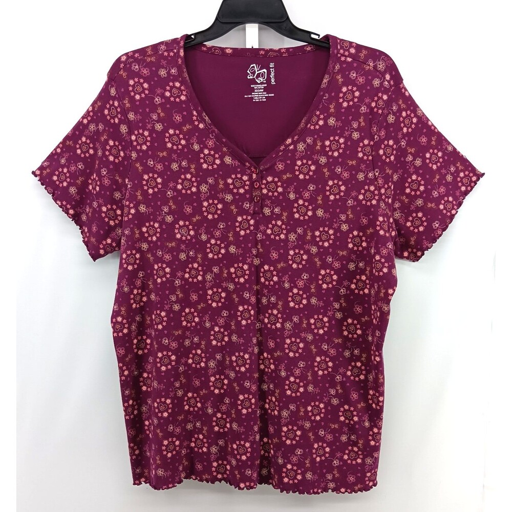 LA Blues Shirt Womens Plus Size 22/24W Dark Purple Floral Heart Short Sleeve Top